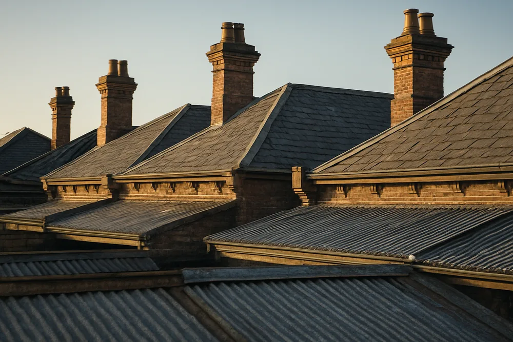 A row of Victorian terrace rooflines in slate and corrugated iron with tall chimneys — heritage slate roofs, Melbourne. Illustrative example.