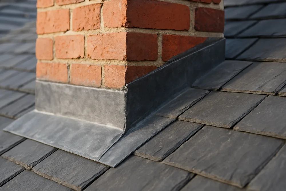 Soft grey lead flashing around the base of a brick chimney on a slate slope — flashings and valleys, Melbourne. Illustrative example.
