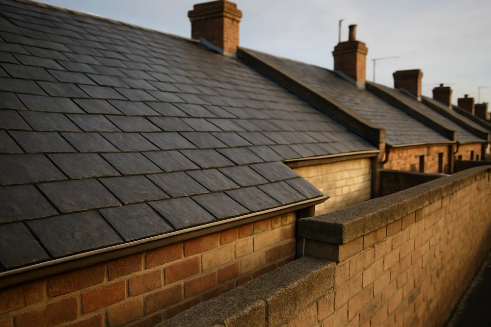 Attached terrace roofs in slate with brick chimneys, seen from a rear lane — slate roofing, Melbourne. Illustrative example.