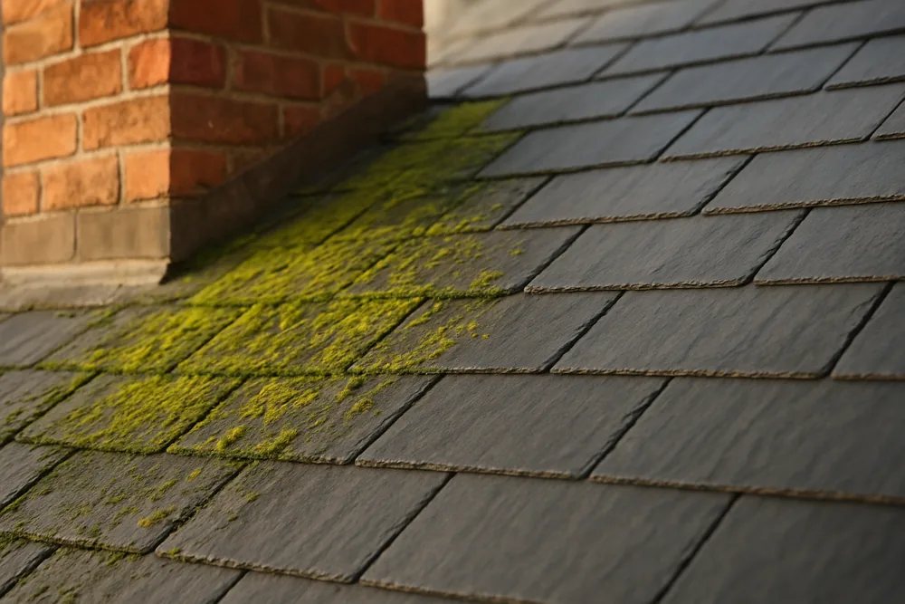 Moss and lichen streaks on part of a slate slope below a brick chimney — slate roofing, Melbourne. Illustrative example.