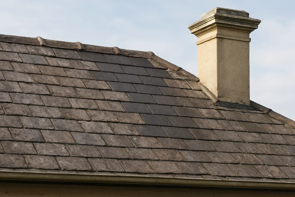An Edwardian cottage slate roof with a rendered chimney and a patch of slates in a different shade — slate roofing, Melbourne. Illustrative example.