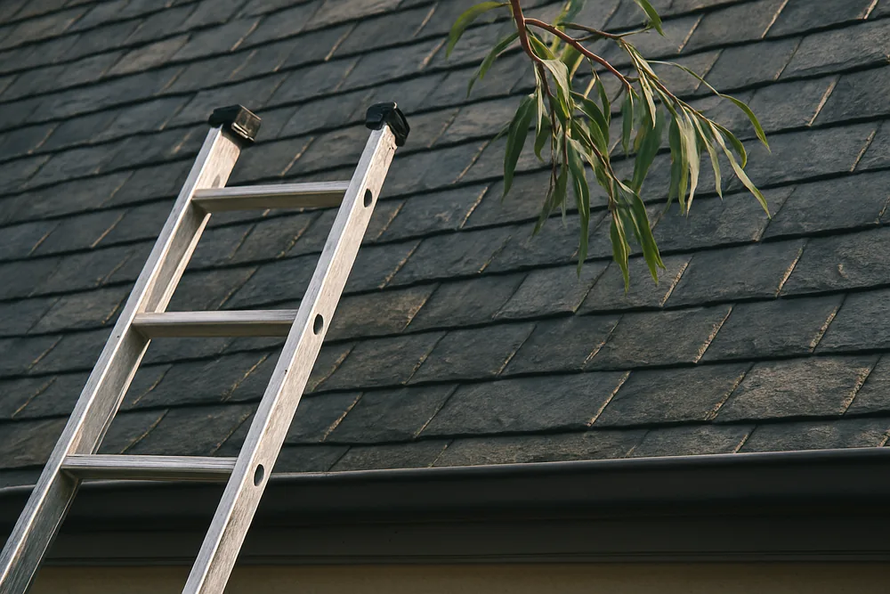 A ladder against a gutter below a steep slate slope with a gum branch overhead — slate roof repairs, Melbourne. Illustrative example.
