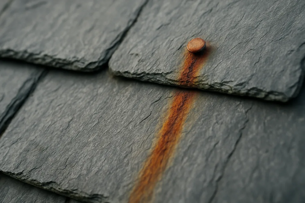 Grey-black slates with a rust-brown streak running down from a corroded nail head — slate roof repairs, Melbourne. Illustrative example.