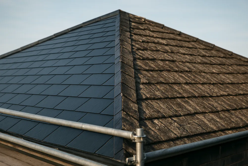 A hipped roof half re-slated, new dark slate beside weathered slate, scaffold at the eave — slate roof replacement, Melbourne. Illustrative example.