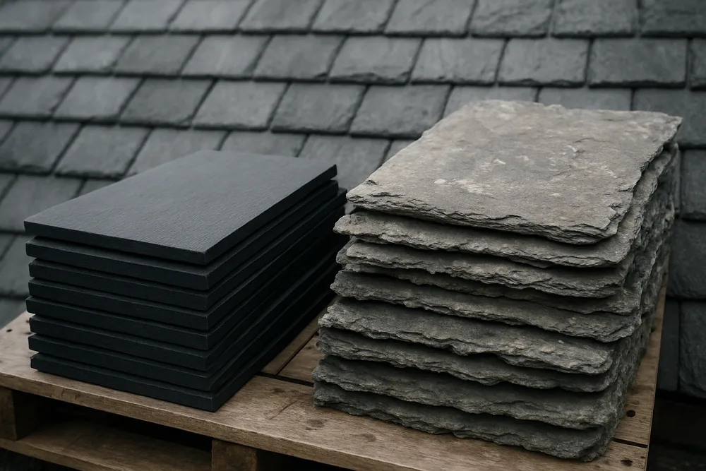 New dark slates with cut edges stacked beside weathered grey slates — slate roof replacement, Melbourne. Illustrative example.