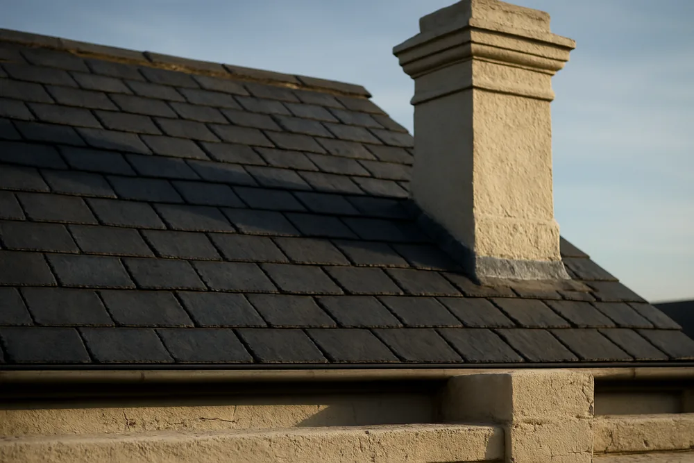 A Victorian terrace slate roof with a rendered chimney — slate roofing, Melbourne. Illustrative example.