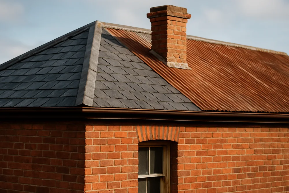A small cottage with a hipped roof in slate and corrugated iron with a brick chimney — slate roofing, Melbourne. Illustrative example.