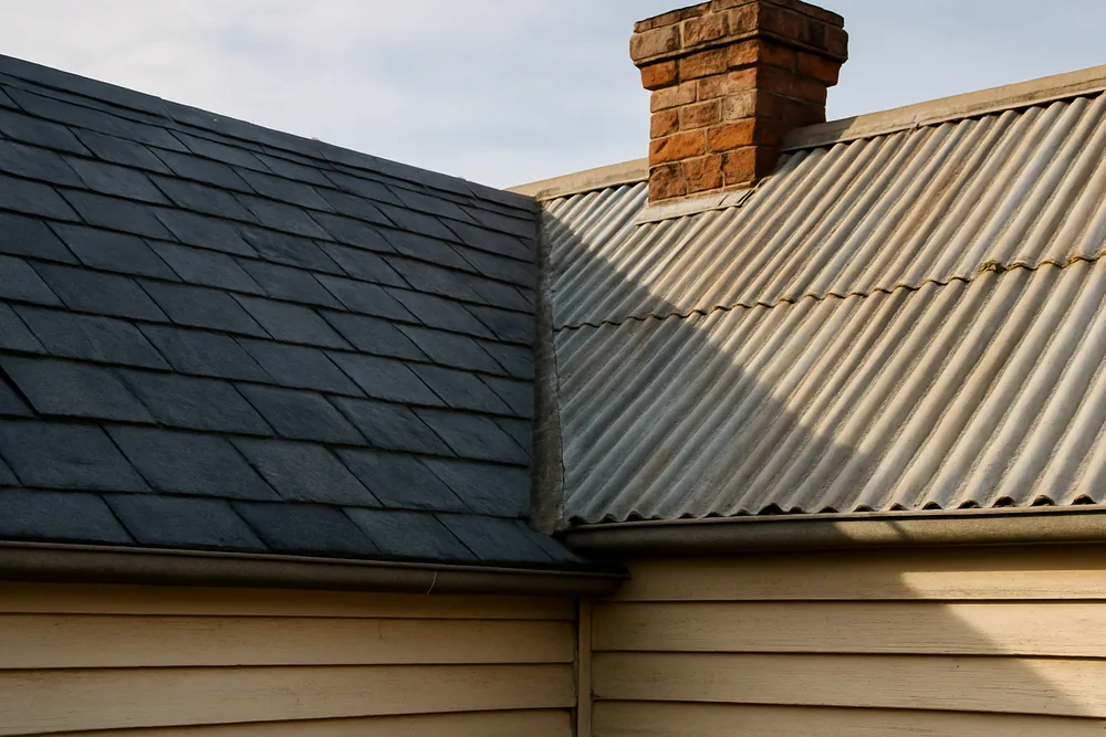 A weatherboard cottage roof with one slate-clad slope beside corrugated iron — slate roofing, Melbourne. Illustrative example.