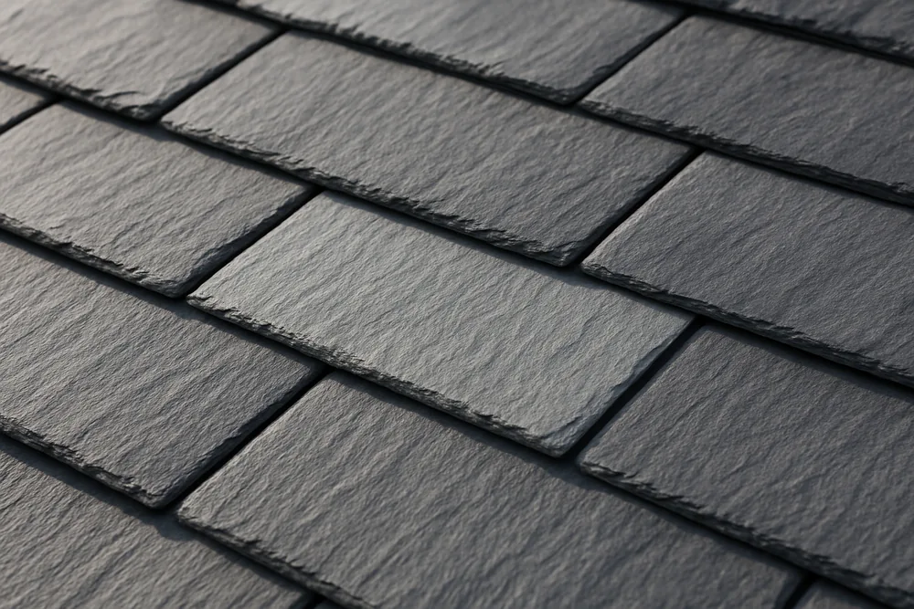 Overlapping grey slates in straight courses, one a shade lighter — slate roofing, Melbourne. Illustrative example.