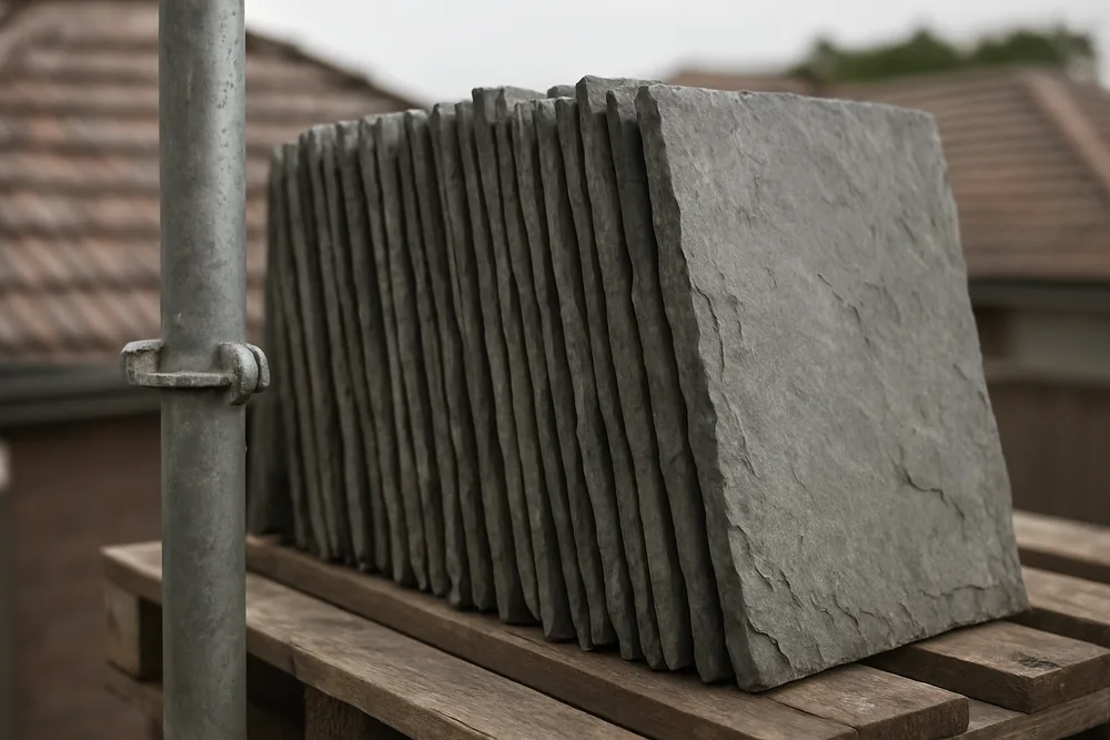 Reclaimed grey slates stacked on edge on a timber pallet — slate roofing, Melbourne. Illustrative example.